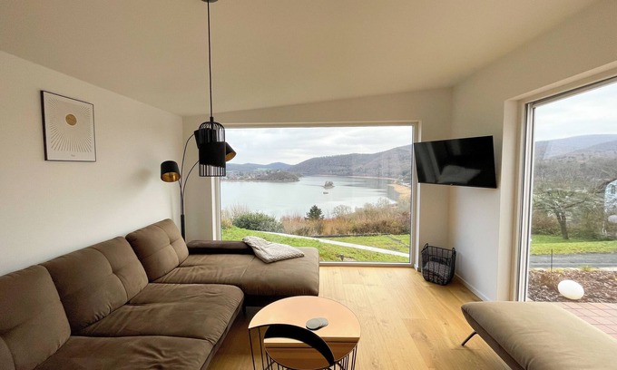 Scheid House | Modern vacation home with panoramic terrace, sauna and view of Lake Edersee