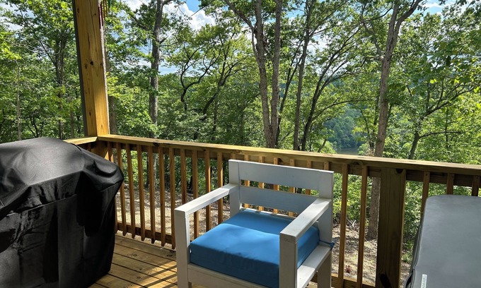 Sparta House | New, Craftsman bungalow. Porch with fireplace, hot tub, wooded, lake view