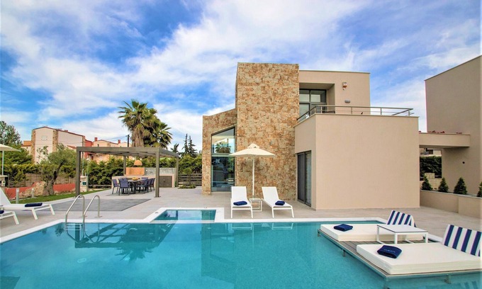 Pefkochori Villa | Ocean Private Villas - Villa Calypso - private heated pool/jacuzzi/barbecue
