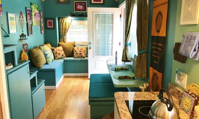 Winchester House | Peaceful Secret Gardens Tiny Home - loft & stairs lead to a Queen Size Bed