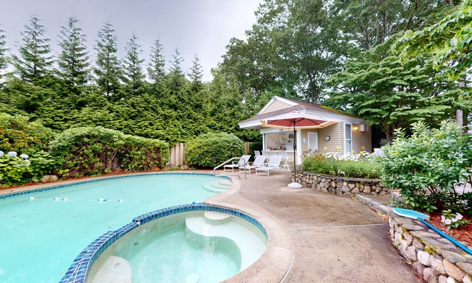 Mashpee House | Private pool close to beach with cabana, grill, AC, and patio
