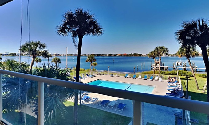 Villa Sabine Condo | Sabine Yacht & Racquet #2B | Bayfront, Pool Views!
