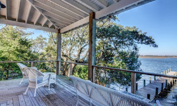 Topsail Beach House | Soundfront Home with Old World Charm! Claw foot tub, private dock