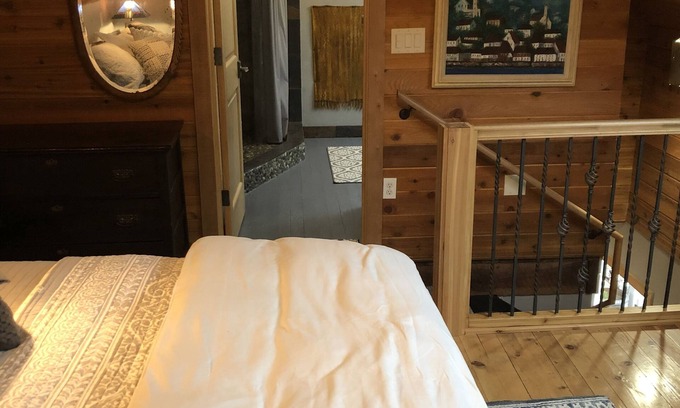 Weaverville House | The Loft King Room w/full kitchen in historic Carriage House building.