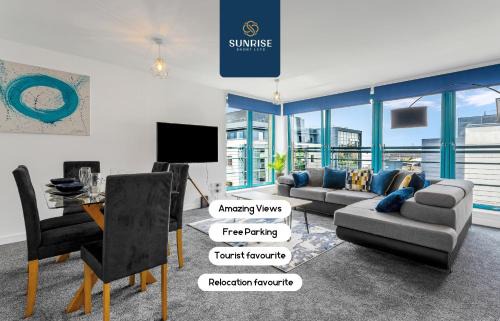Dundee Apartment | THE PENTHOUSE, Spacious, Stunning Views, Foosball Table, 3 Large Rooms, Central Location, River Front, 1 Min From Tay Bridge, V&A, Train Station, City Centre, Lift Access, Free Parking & WiFi, INVOICE and REDUCED PRICE only via SUNRISE SHORT LETS Dundee