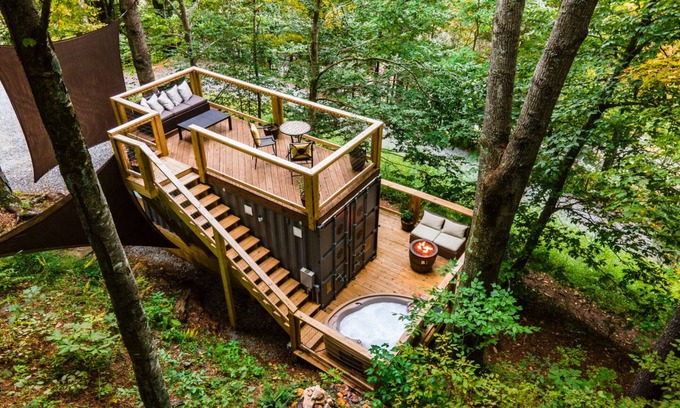 Todd House | Tiny Container Home Retreat with Hot Tub, Fire Table, Dining Area, and Views!