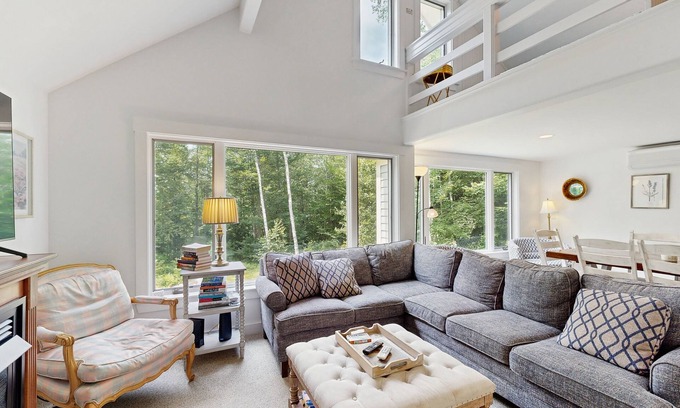 Intervale House | Two-level home near Story Land with deck, firepit & W/D