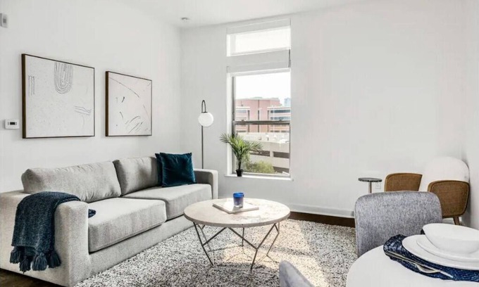 McLean Apartment | "Tysons' Blue-Gray Haven Stylish 2BR with Amenities + Huddle Rooms + Pool/Gym